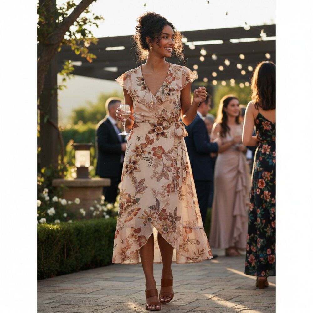 SANCTUARY Jolynn Desert Floral Ruffled True Wrap Midi Dress Chiffon Size 8